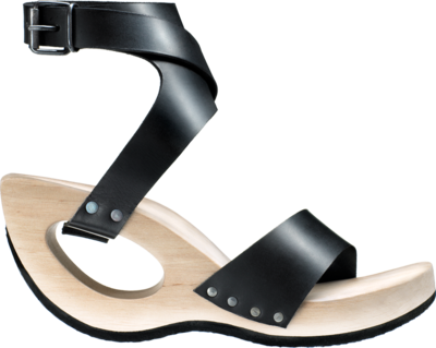 Avantgarde wooden shoe with graphic straps.